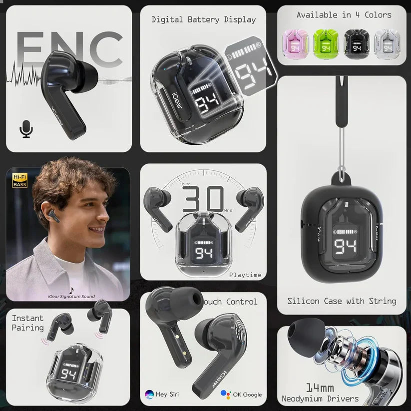 BoAT Crystal LED Display EarBuds - Noise Cancelation - Touch Control - Free Silicon Cover - Type C